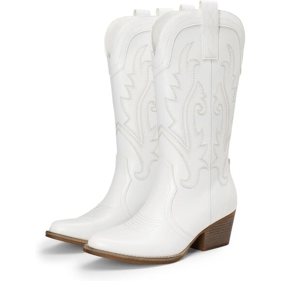 Women's White Cowgirl Boots Embroidered Pointed Toe Low Heel Mid Calf Boot - Picture 2 of 8